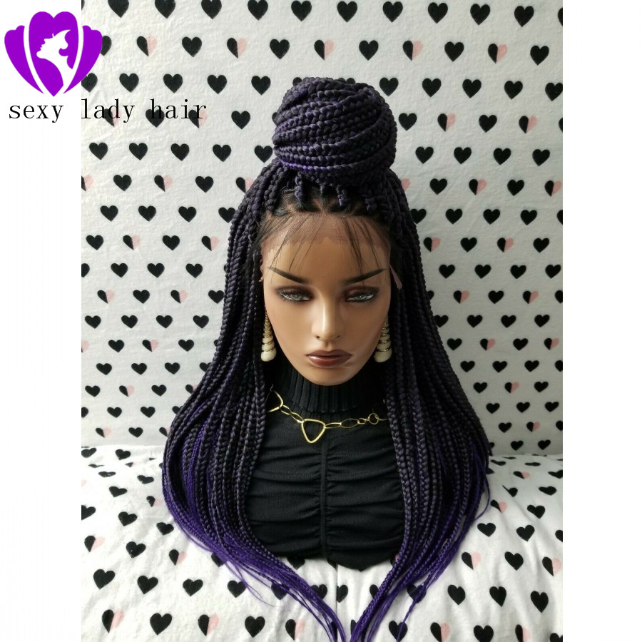 Natural Box Braided Wigs with Baby Hair Dark Roots Ombre purple Hand Tied Heat Resistant Synthetic Braided Lace Front Wigs for Women