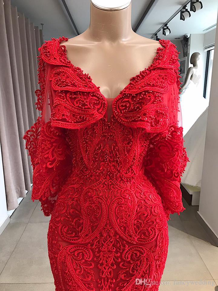 2019 Evening Gowns For Reception V Neck Lace Appliqued Pearls Luxury Red Mermaid Prom Dress Arabic Formal Party Dress Dubai Party Gowns