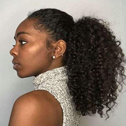 Human Curly Ponytail,Short Elastic Drawstring Ponytail African American Afro Kinky Curly Hair Extension, Puff Ponytail Hair with Clips 120g