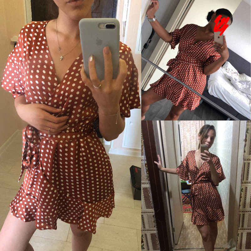 yinlinh Red Polka Dot Summer Dress Short Sleeve V Neck Sexy Mini Dress Women Sash Slim Waist Irregular Ruffles pea Vestidos 304 Y19012102