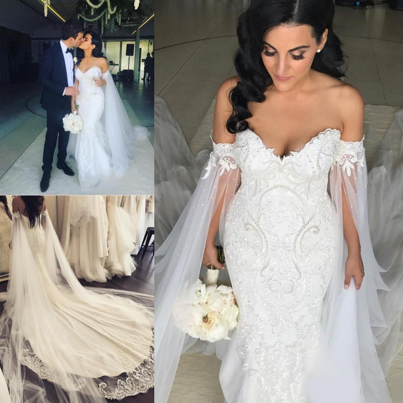 2020 Plus Size Mermaid Wedding Dresses With Shawl Robe de mariee Applique Beading Pearls Wedding Gowns Court Train beautyful Bridal Dresses