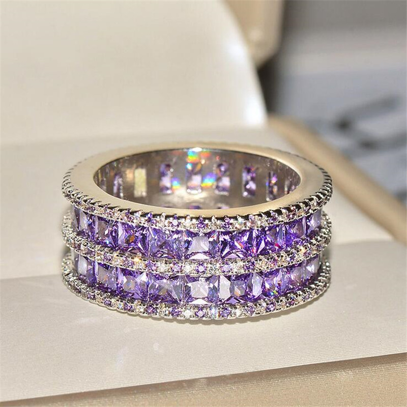 Handmade Fine Jewelry 925 Sterling Silver Double Princess Cut Amethyst Gemstones Party Women Wedding Engagement Band Ring For Lovers' Gift