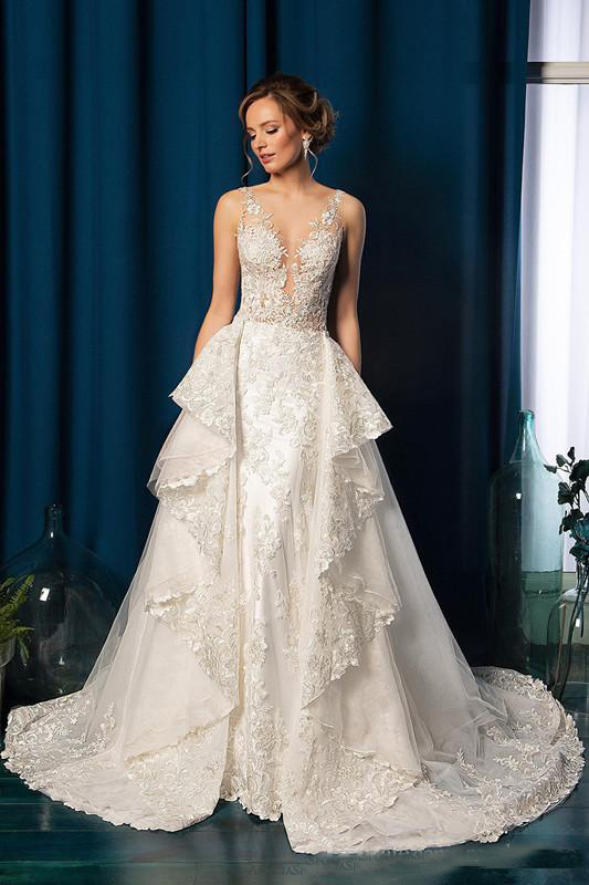 Luxury Lace Applique Mermaid Wedding Dresses with Ruffles Detachable Train 2020 Sexy V-neck Arabic Bride Wedding Gown Princess Party Dresses