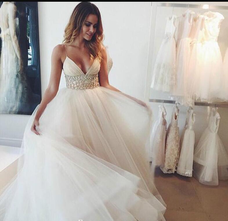 2020 Romantic Spaghetti Strap Beaded Waist Wedding Dresses A-Line Long Women Bridal Party Gowns Plus Size Vestido De Noiva Longo