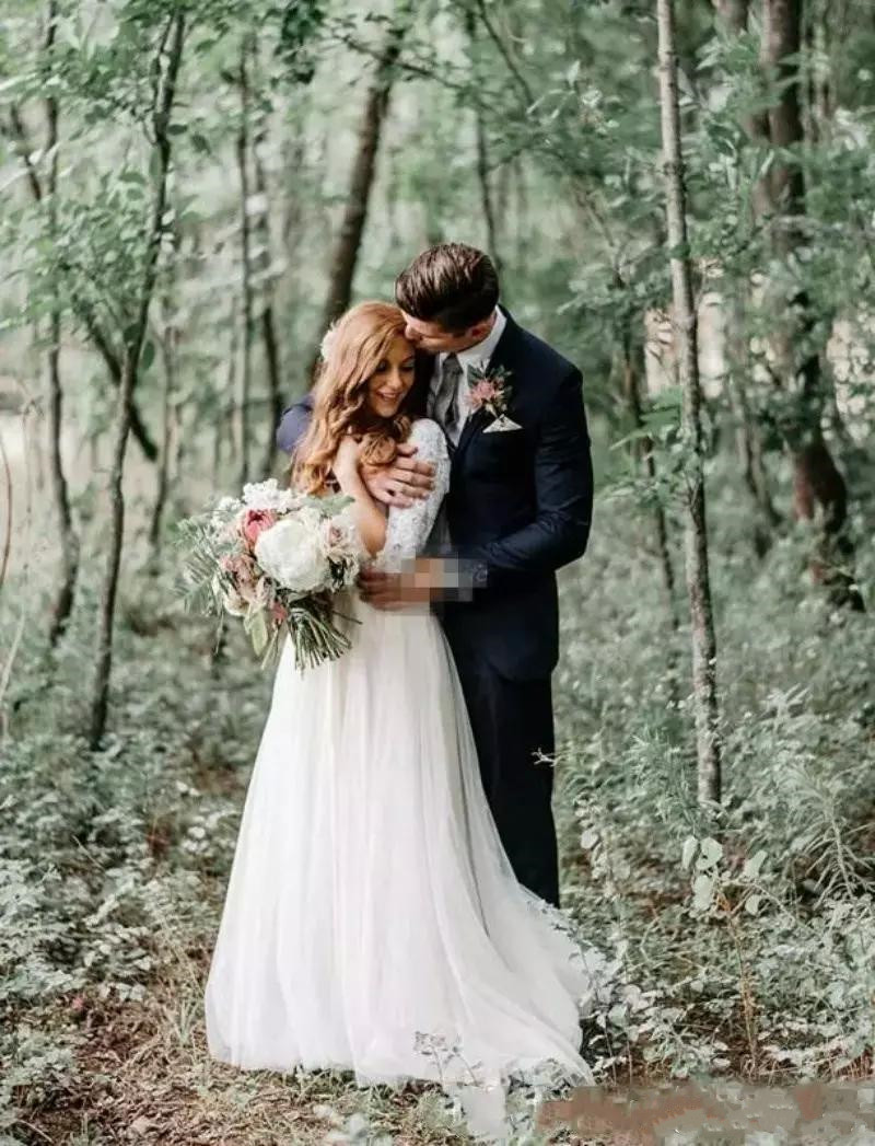Vintage Backless Wedding Dresses Forest Sheath Long Sleeves Country Bridal Gowns V Neck Lace Chiffon Cheap Bohemian Plus Size Wedding Dress