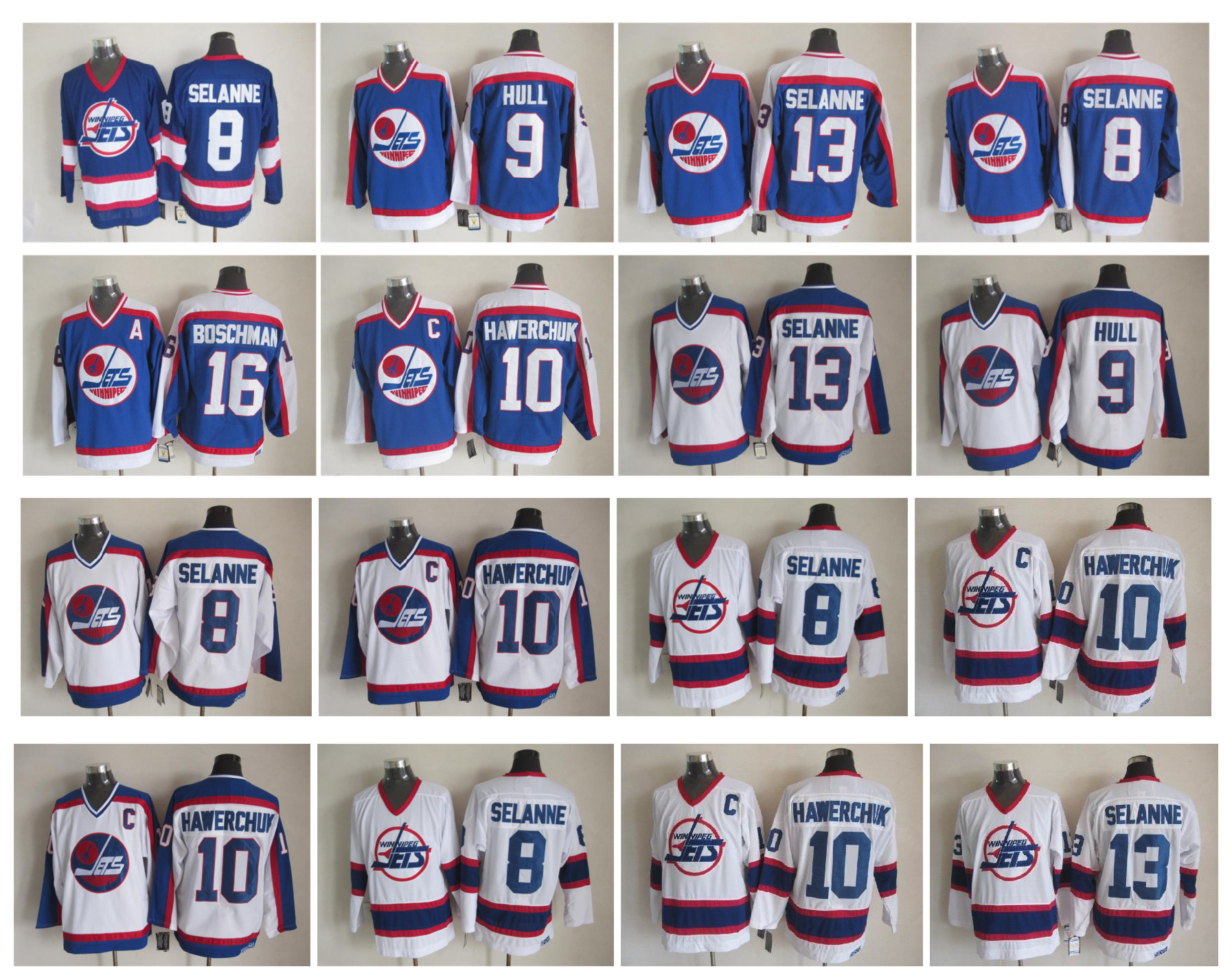 Vintage Winnipeg Jets Jersey 13 Teemu Selanne 10 Dale Hawerchuk 9 Bobby Hull 8 Teemu Selanne 16 Laurie Boschman White Blue CCM Retro Hockey, Black;red
Vintage Winnipeg Jets Jersey 13 Teemu Selanne 10 Dale Hawerchuk 9 Bobby Hull 8 Teemu Selanne 16 Laurie Boschman White Blue CCM Retro Hockey, Black;red