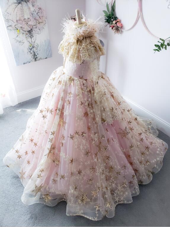 2020 Ball Gown Flower Girl Dresses Two Piece Feather Sequins Beaded Pearl Long Sleeve First Communion Gowns Custom Made Girl Pageant Gowns
