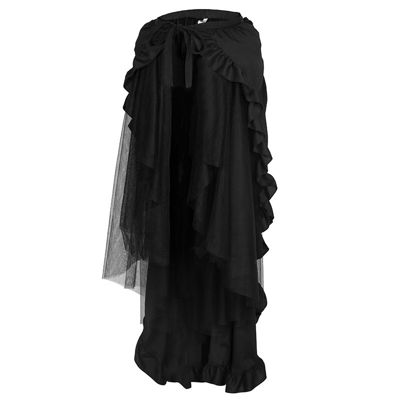 Women's Plus Size S-6XL Retro Gothic Multi-layered Tulle Mesh Ruffled And Pleated Asymmetrical Ties Front Open Silhouette Tiered Long Skirt