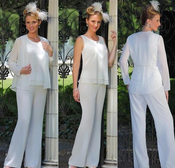 Mother Of The Bride 3 Piece Pant Suit Chiffon Beach Wedding Mother's Groom Gowns Cheap Sleeveless Mothers Formal Wear