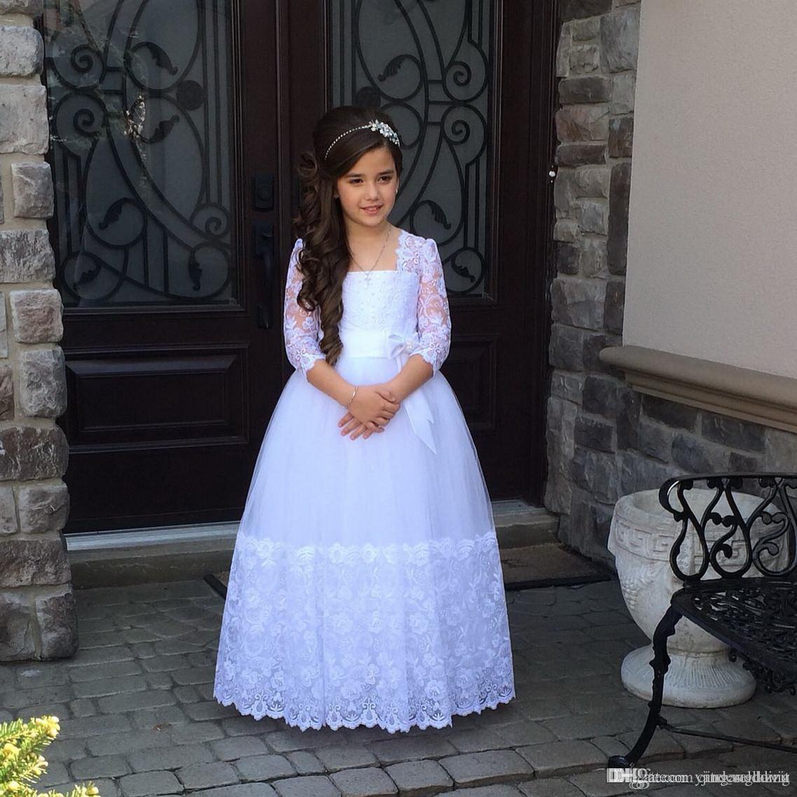 New Cheap Cute Princess Flower Girl Dress Illusion Lace Sleeves Beads Lovely Bow Formal Vintage Flowergirl Dress for Wedding First Communion