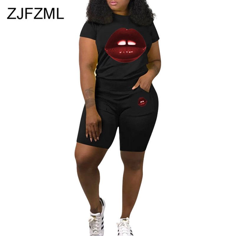 Lips Print Sexy 2 Piece Set Summer Clothes for Women Round Neck Short Sleeve Slim Tshirt and Biker Shorts Suit Causal Tracksuits, Black
Lips Print Sexy 2 Piece Set Summer Clothes for Women Round Neck Short Sleeve Slim Tshirt and Biker Shorts Suit Causal Tracksuits, Black