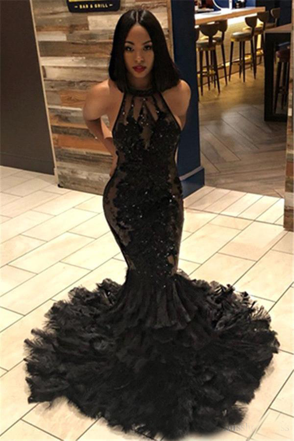 NEW 2020 Illusion Tulle Applique Beaded Feather Layers Sweep Train Formal Party Evening Gowns Black Halter Lace Mermaid Long Prom Dresses