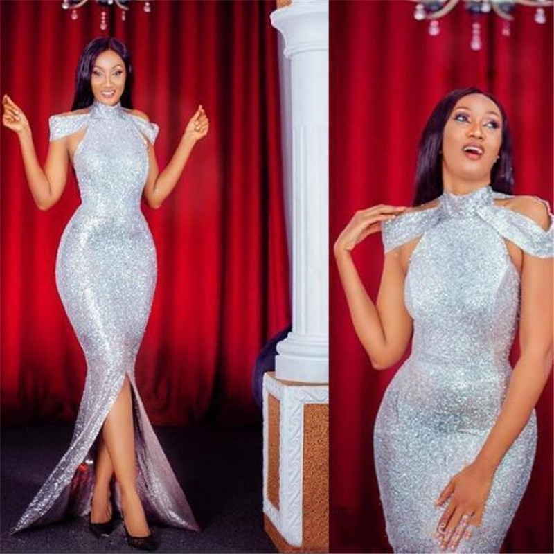 Amazing Slim High Collar Celebrity Dresses Newest Mermaid Side Split Long Maid of Honor Dress Trumpet Party Evening Gowns Vestidos De Soi