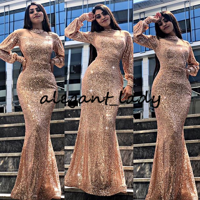 Sparkly Sexy Mermaid Evening Dress 2020 champagne Rose Gold Sequin Long Fastened Cuff Illusion Neck Long Prom Dresses Evening
