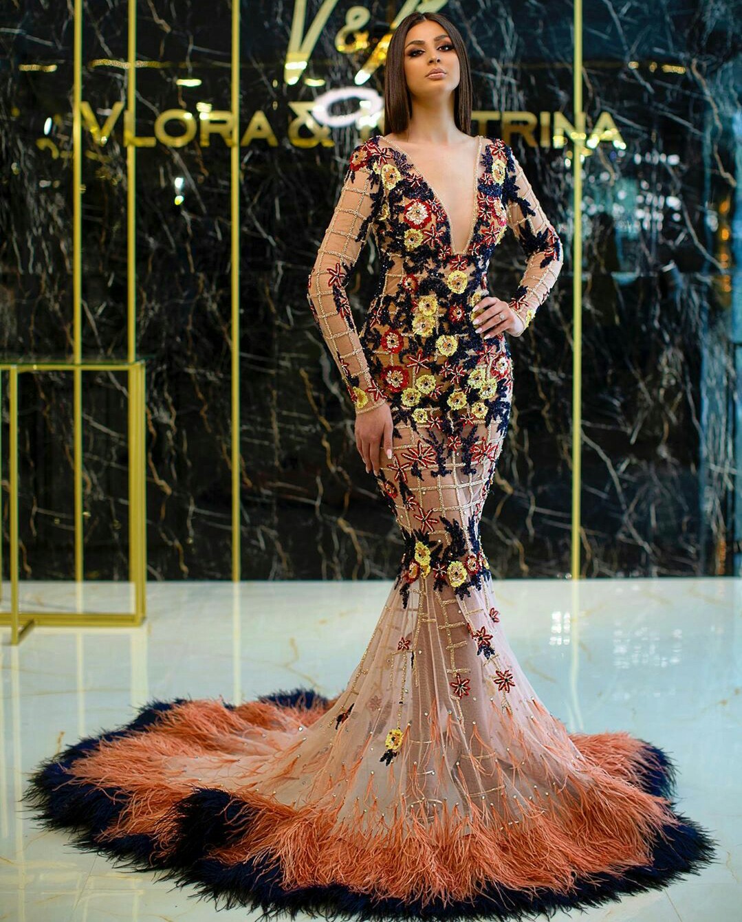 Luxury Feather Mermaid Evening Dresses Long Sleeve Beaded Lace Appliqued Prom Dress Saudi Arabia Party Dress Robe De Soiree
