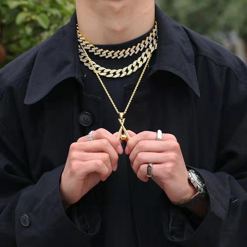 ied out Baseball bat pendant necklaces for men luxury designer mens bling diamond player pendants stainless steel hip hop jewelry