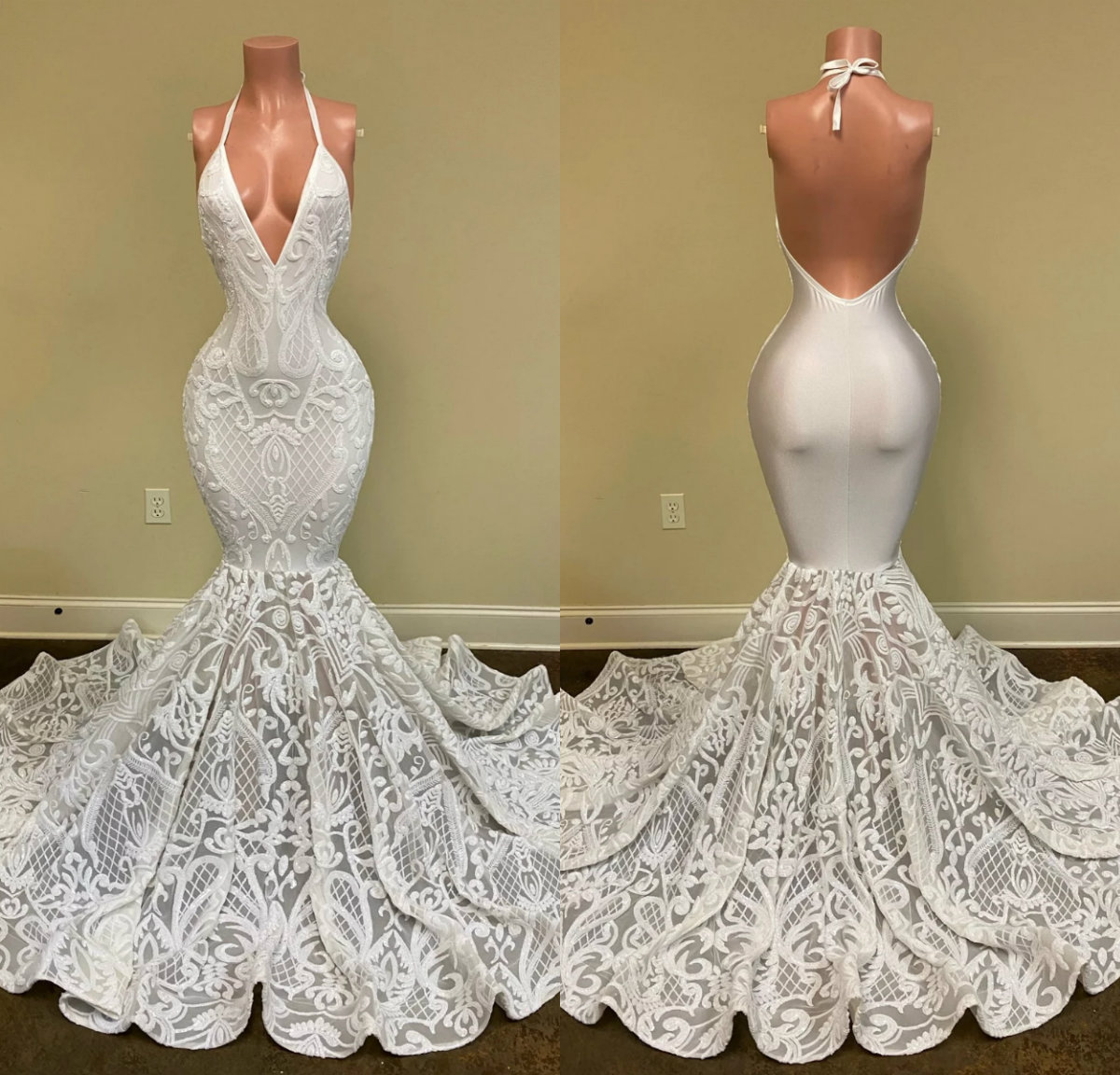 2020 Mermaid Prom Dresses Halter Lace Sequined Appliqued Backless Evening Dress Custom Made Special Occasion Gowns Plus Size