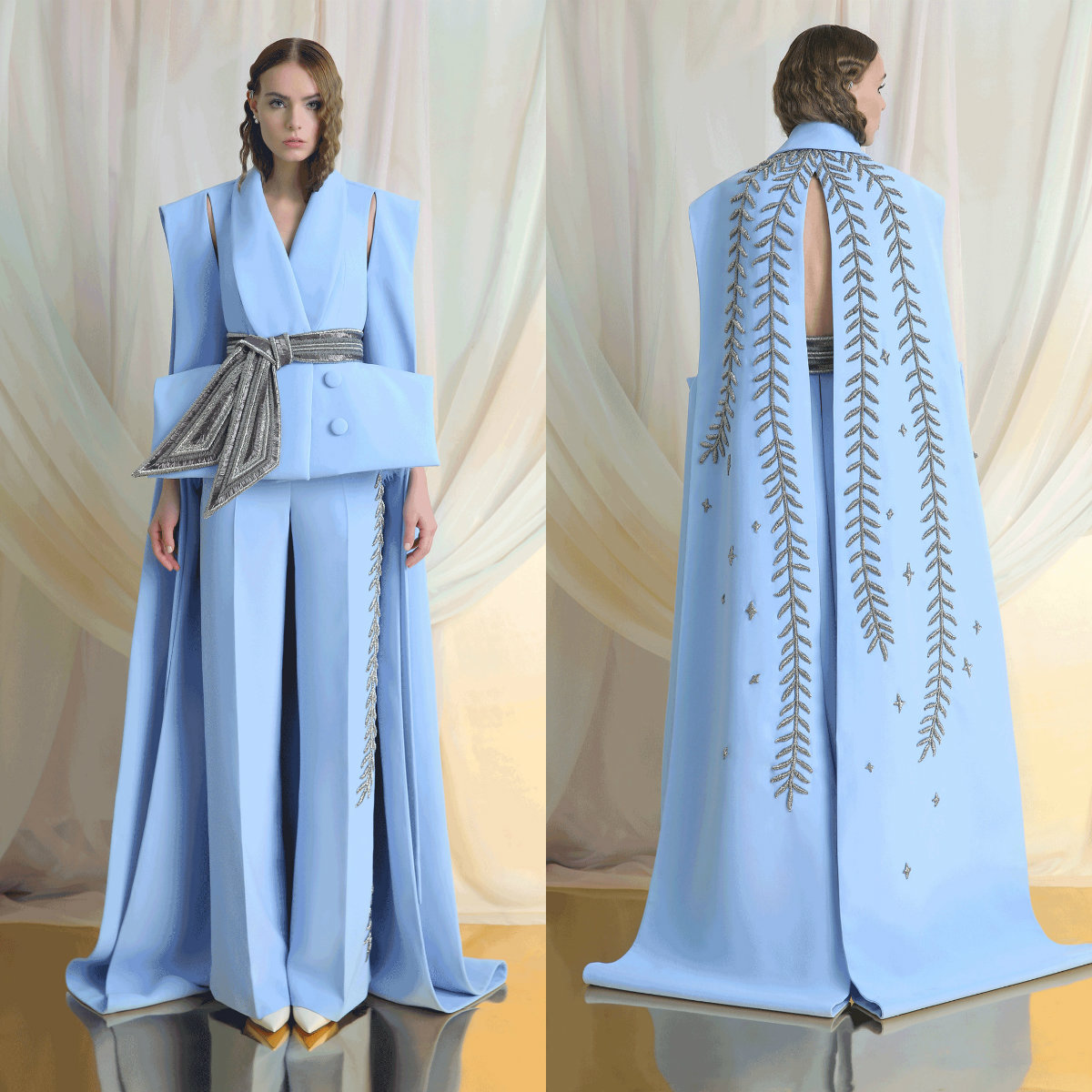 2019 New Azzi & Osta Prom Dresses With Wrap Two Pieces Women Jumpsuits V Neck Satin Gorgeous Evening Dress Embroidery Girls Pageant Gowns