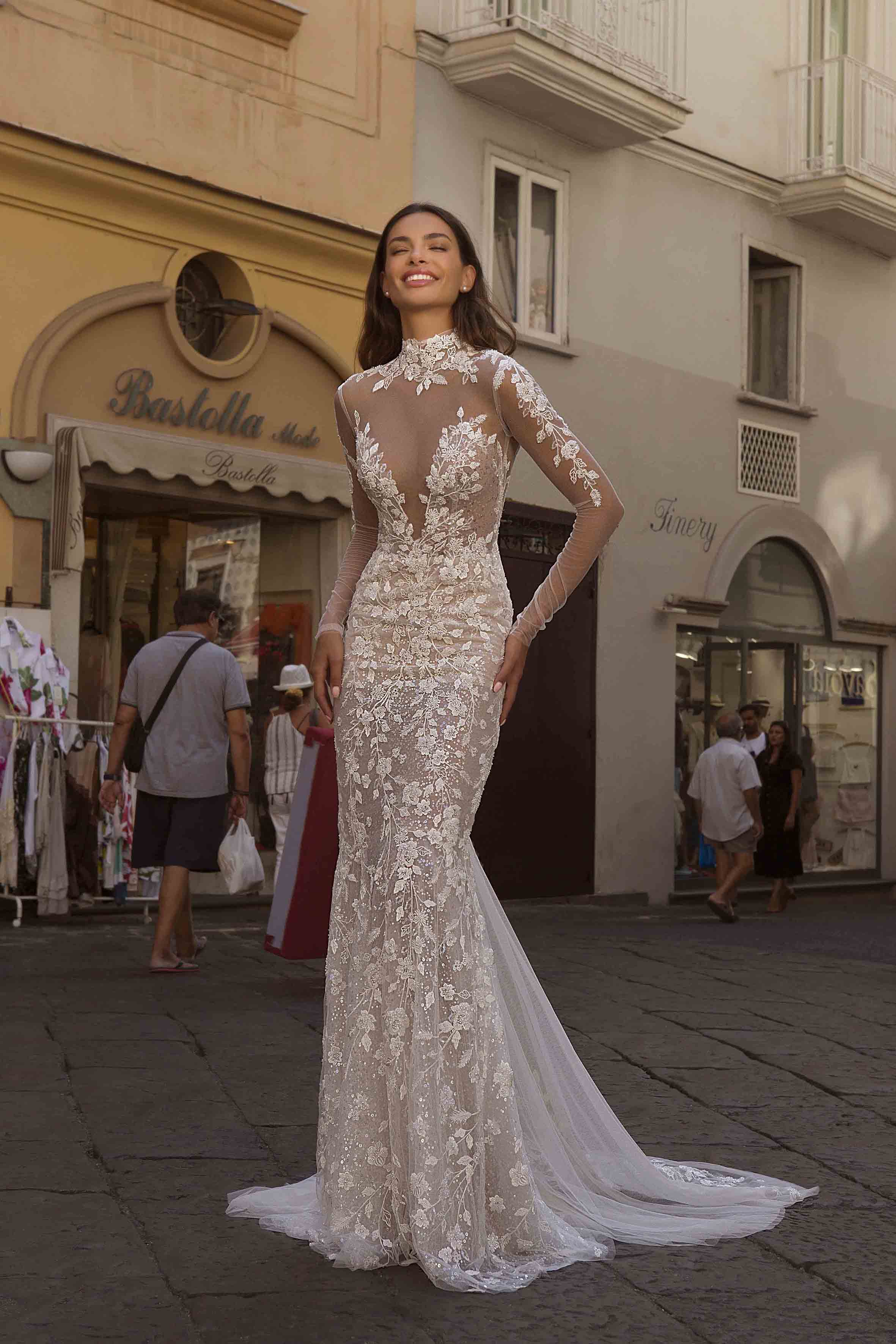 Berta 2021 Mermaid Backless Wedding Dresses High Neck Long Sleeve Lace Appliqued Wedding Dress Bridal Gowns robes de mariée