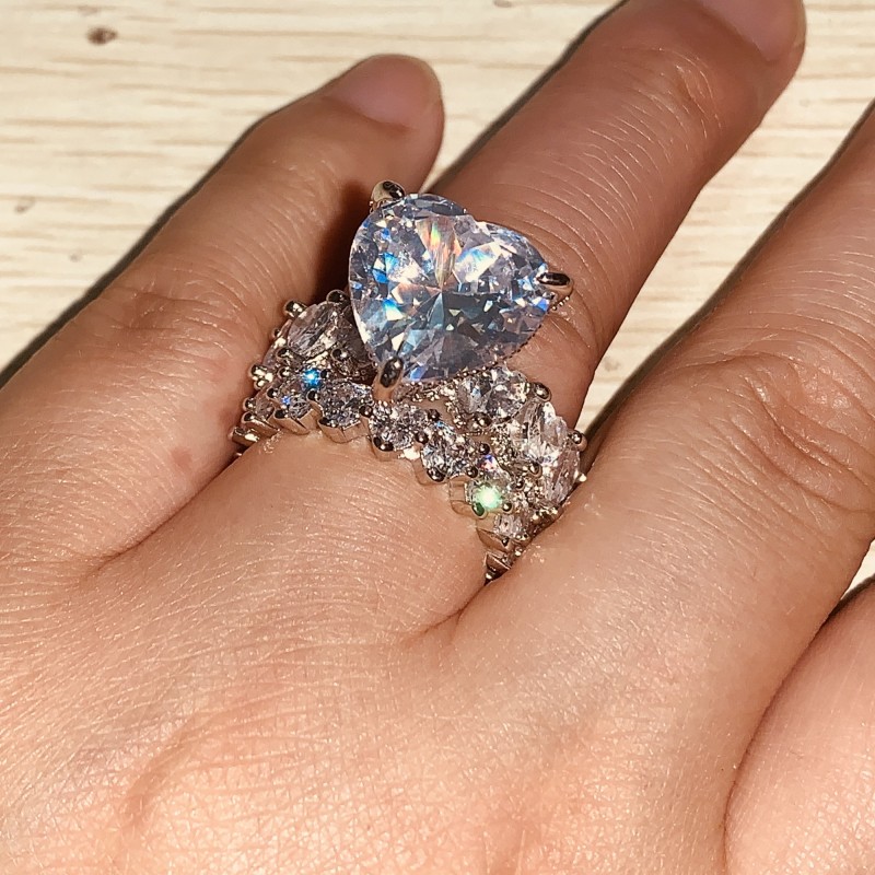 Size 5-10 Vintage Fashion Jewelry 925 Sterling Silver Heart Shape White Topaz CZ Diamond Gemstones Women Party Wedding Bridal Ring Set Gift