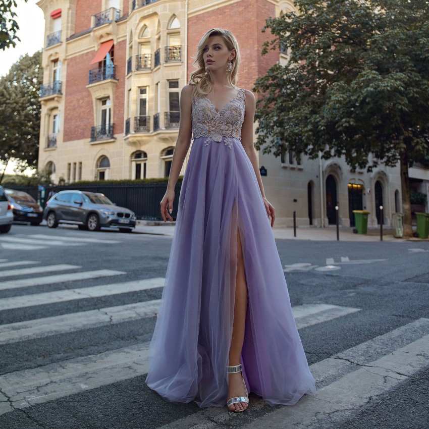 A Line Lavender Side Split Dresses V Neck 3D Appliqued Beaded Prom Dress Floor Length Tulle Plus Size Evening Gowns ppliqued