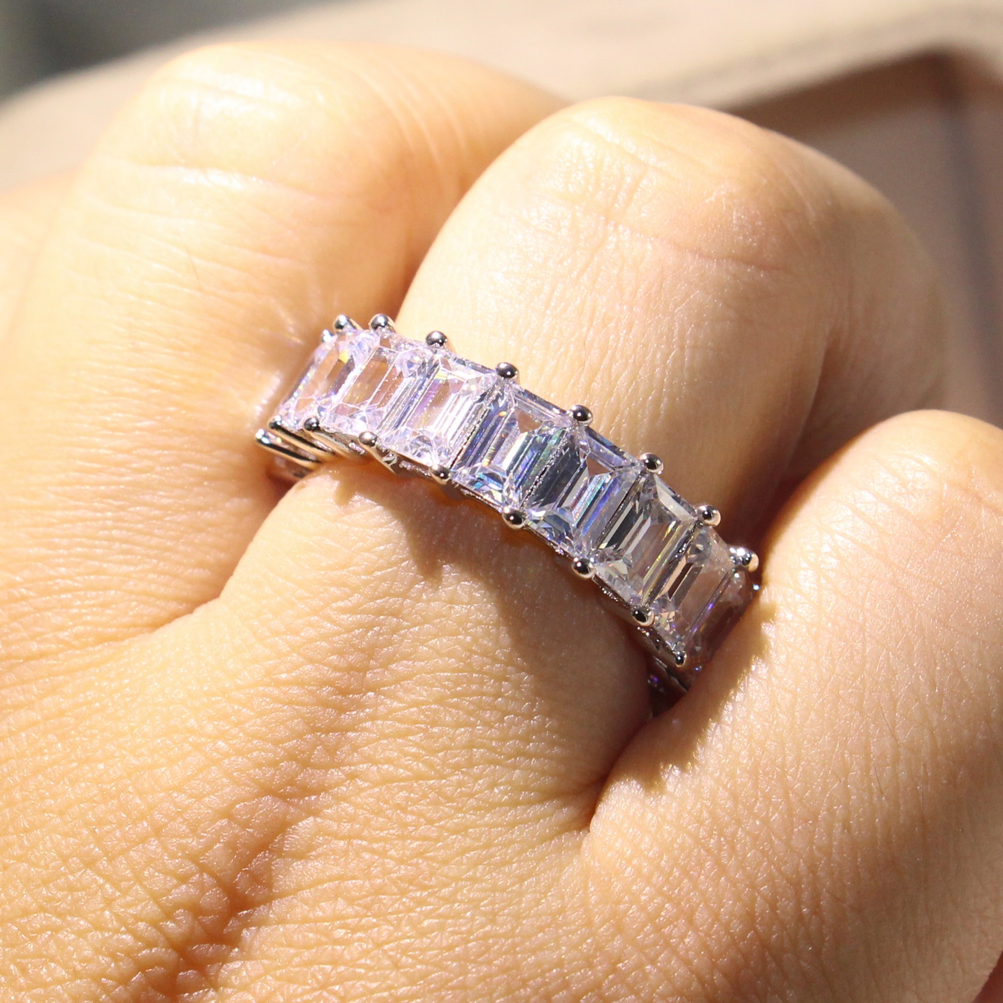 Top Selling Simple Fashion Jewelry 925 Sterling Silver Princess Cut Full White Topaz CZ Diamond Eternity Women Wedding Band Ring Gift