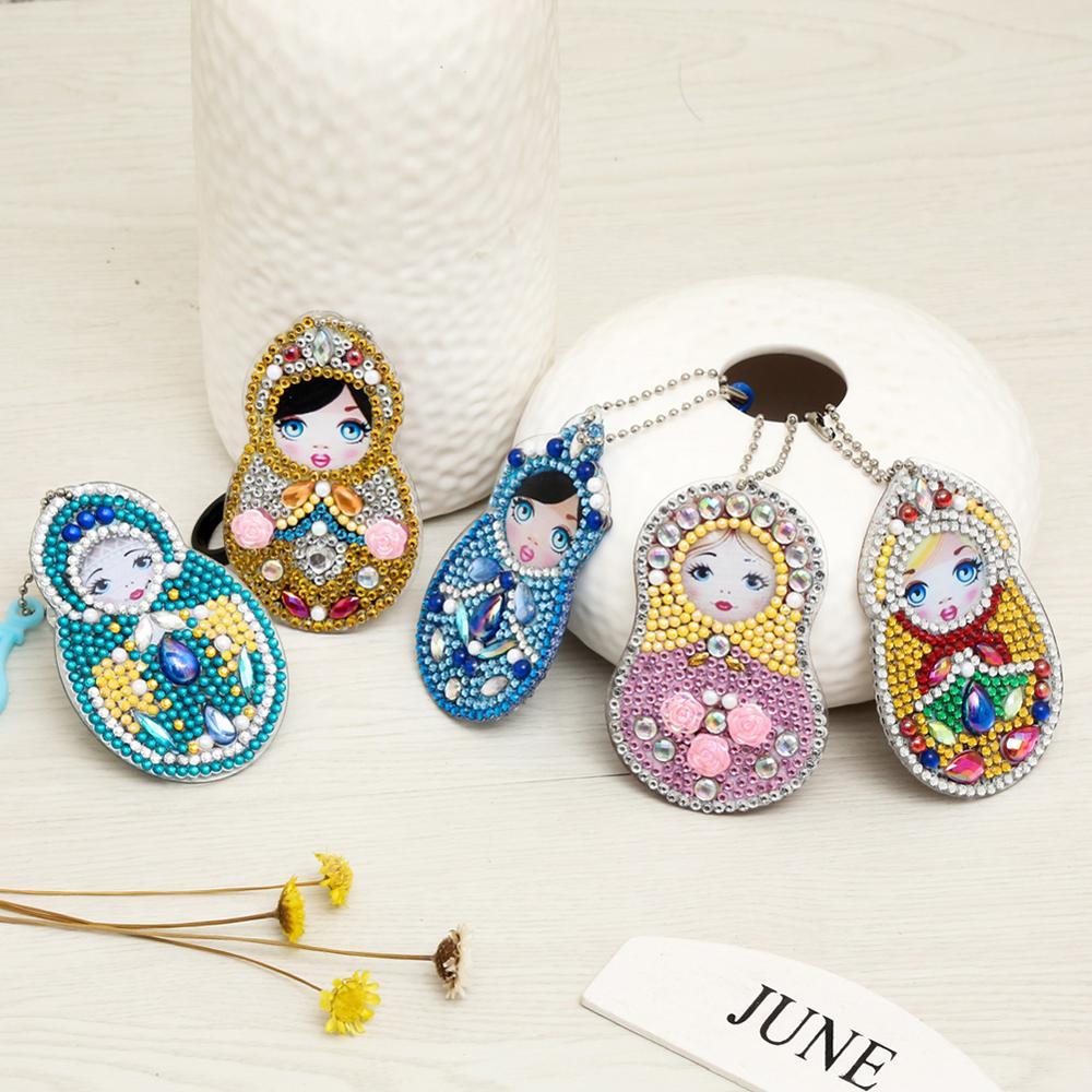 5pcs/Lot Diy Full Drill Rhinestone Keychain Colorful Russian Doll Fruit Butterfly Love Heart Pendant Key Ring Women Jewelry Keyring Chain