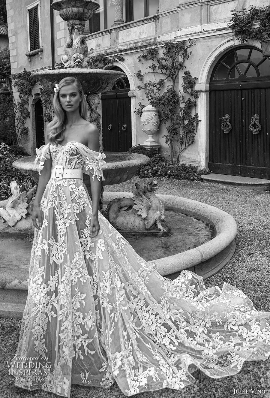 2020 Julie Vino Bohemian Wedding Dresses A Line Appliqued Lace Off Shoulder Abiti Da Sposa Sweep Train Custom Made Boho Wedding Gowns