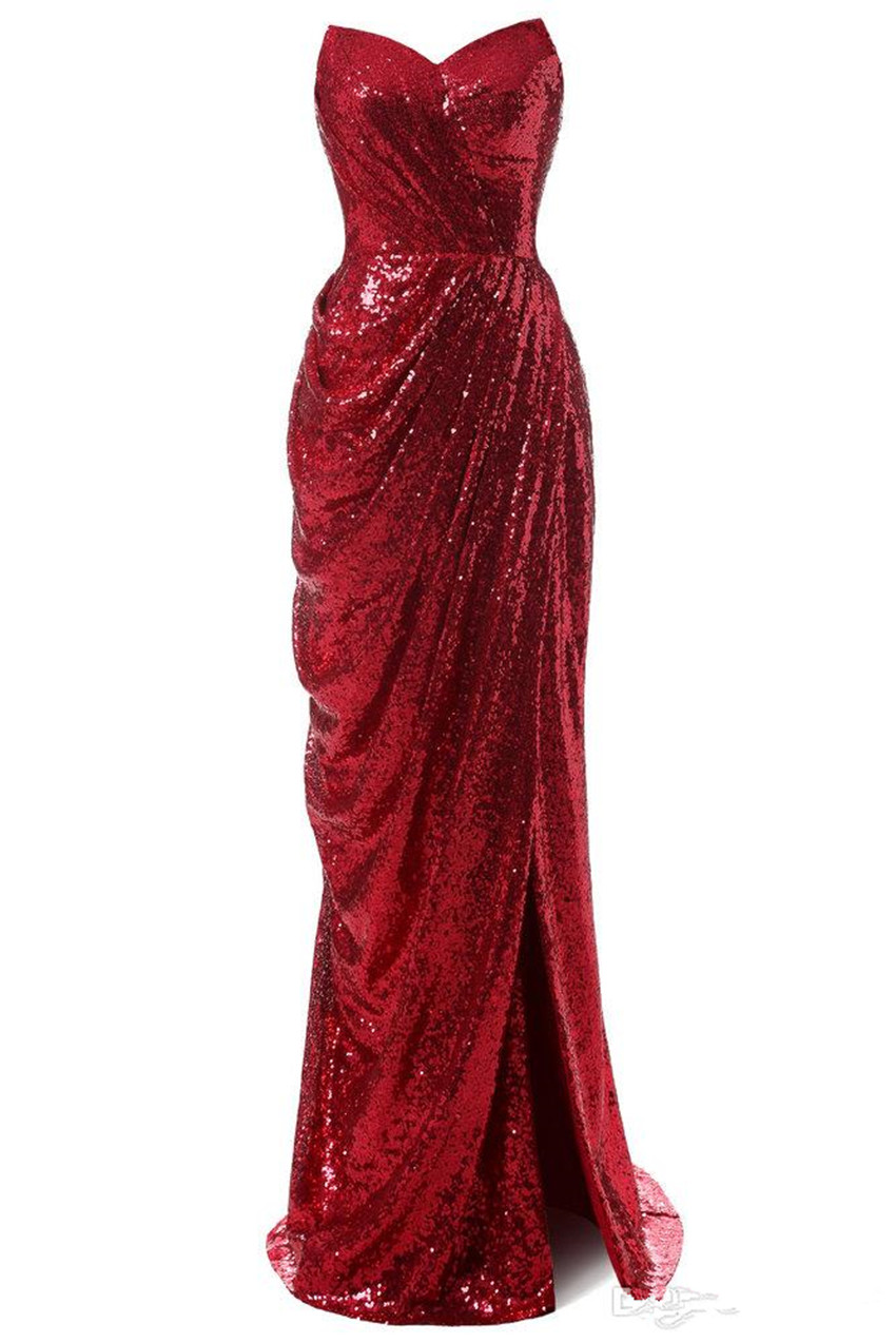 2020 Shiny Red Sequins Women Evening Dress Mermaid Long Strapless Side Slit Formal Gowns Pleat Prom Party Dresses Custom Vestido Festa Longo, Champagne