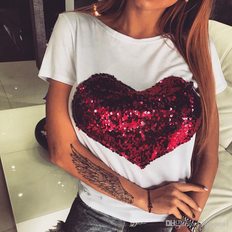 2020 high quality lady top Womens t shirt Heart Sequins O Neck Long Sleeve T Shirt Harajuku Ladies Tops Streetwear Women Clothes tee shirt