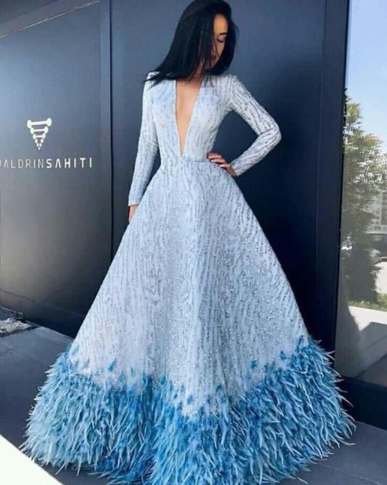 Light Blue Evening Dresses Lace Sequined Beads Deep V Neck A Line Long Sleeve Prom Dress Luxury Feather Arabic Special Occasion Gown