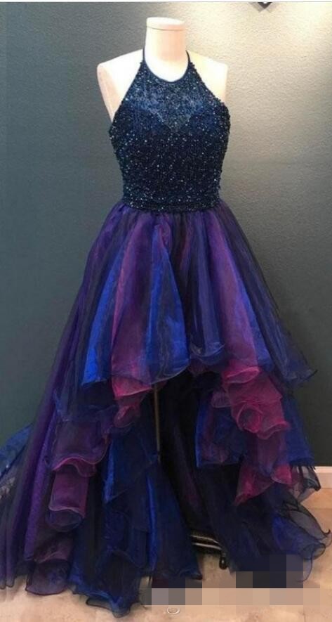 Blue High Low Prom Dresses Sexy Halter Beaded Top Organza Sweep Train A Line Evening Party Gowns Formal Ocn Wear Custom Made