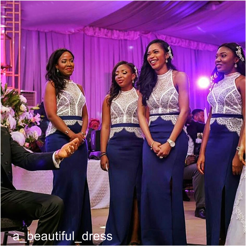 Custom Made White And Blue Mermaid Popular Bridesmaid Dresses With Sash White Lace Crew SplitSexy Party Prom