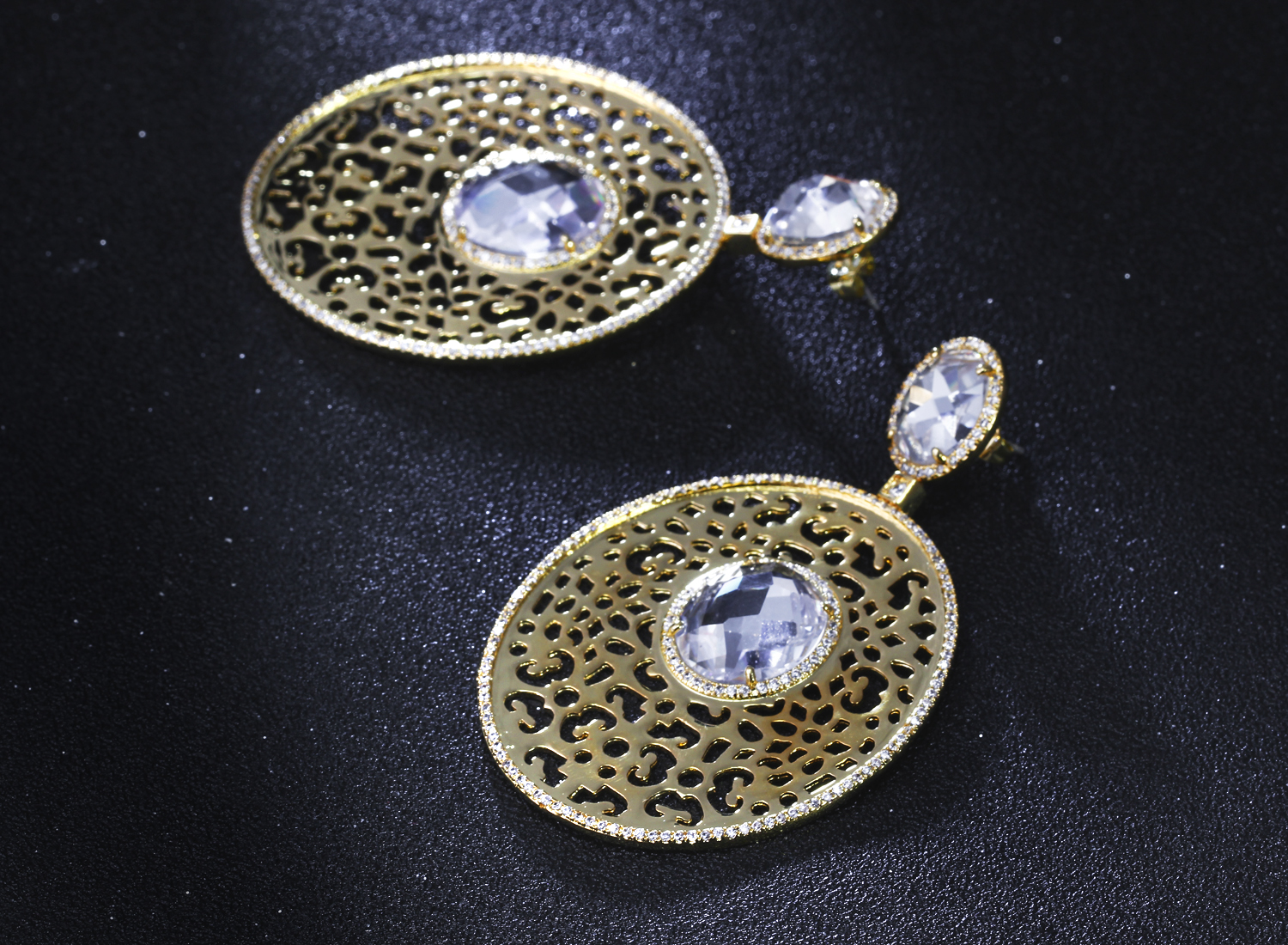 Fashion-gold plate earrings long oval design earrings for party high quality cubic zirconia earrings white gold filled jewelry