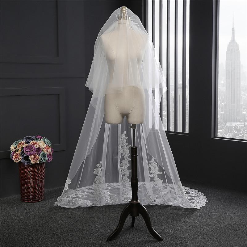 Lace Bridal Veils Cathedral Length 2T Layers Blusher Wedding Veil with Comb White Ivory 300CM Long 150cm Wide In Stock