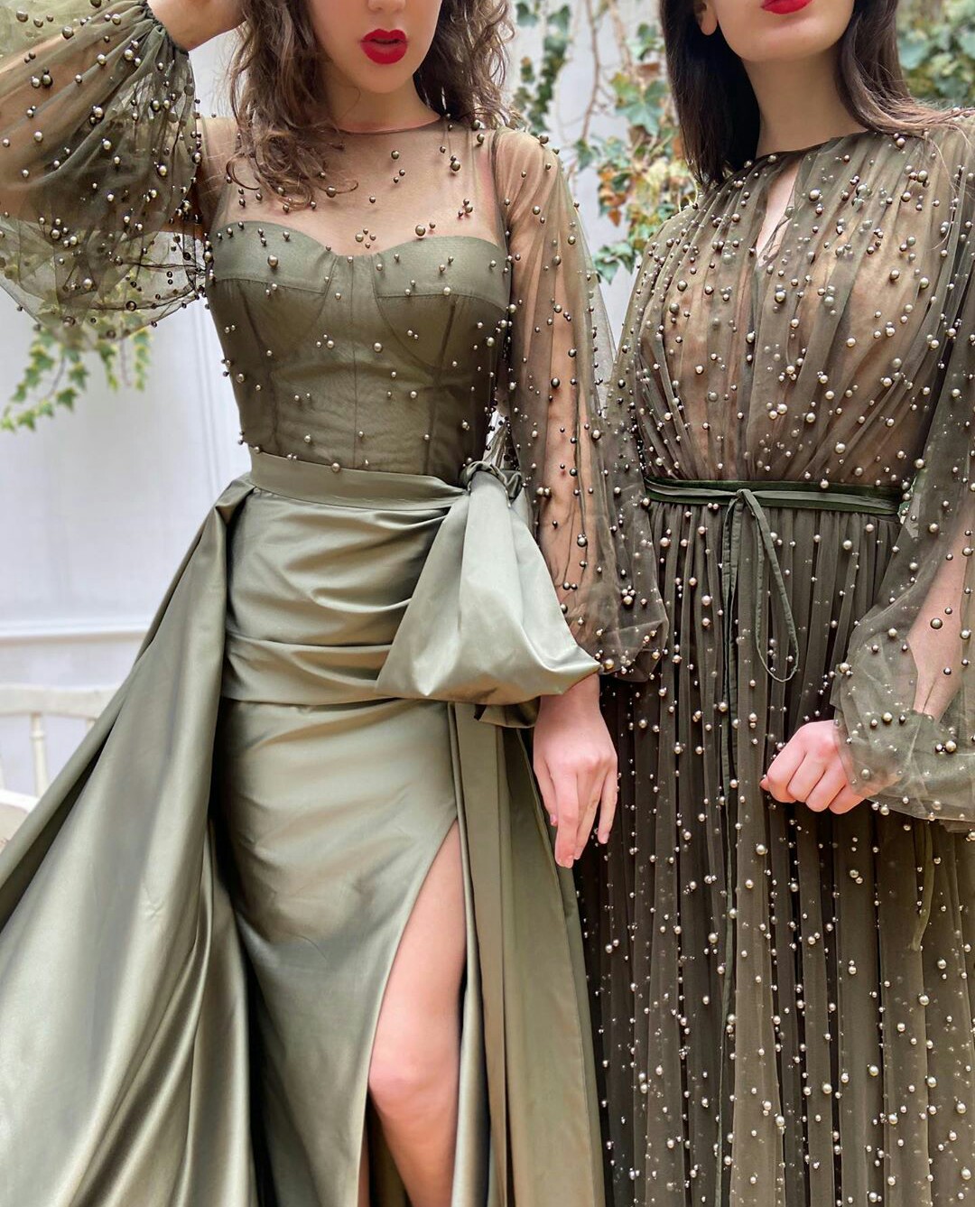 2020 Overskirt Prom Dresses with Pearls Sheer Long Sleeve Side Split Mermaid Evening Gowns with Detachable Train Vestidos Longo