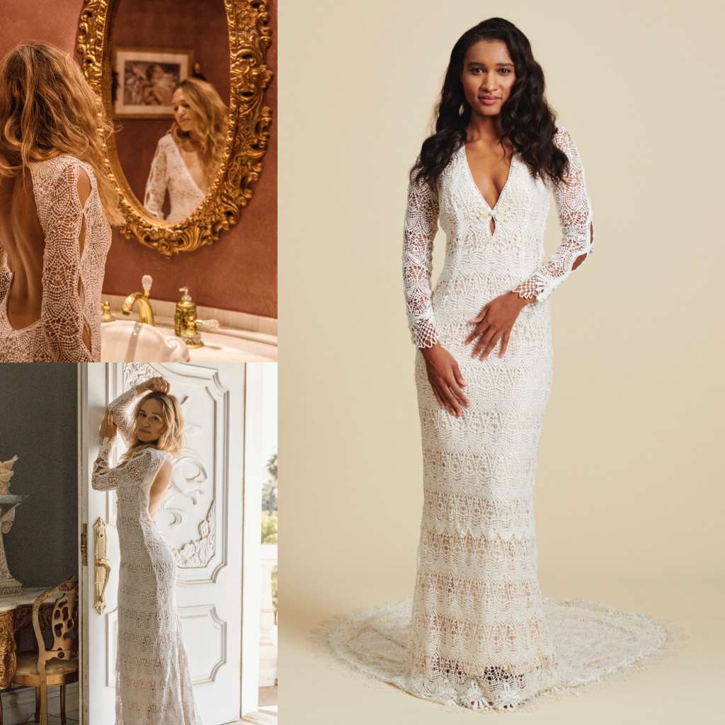 bohemia mermaid wedding dresses v neck long sleeve full lace boho open backless bridal gowns beach sweep train wedding dress