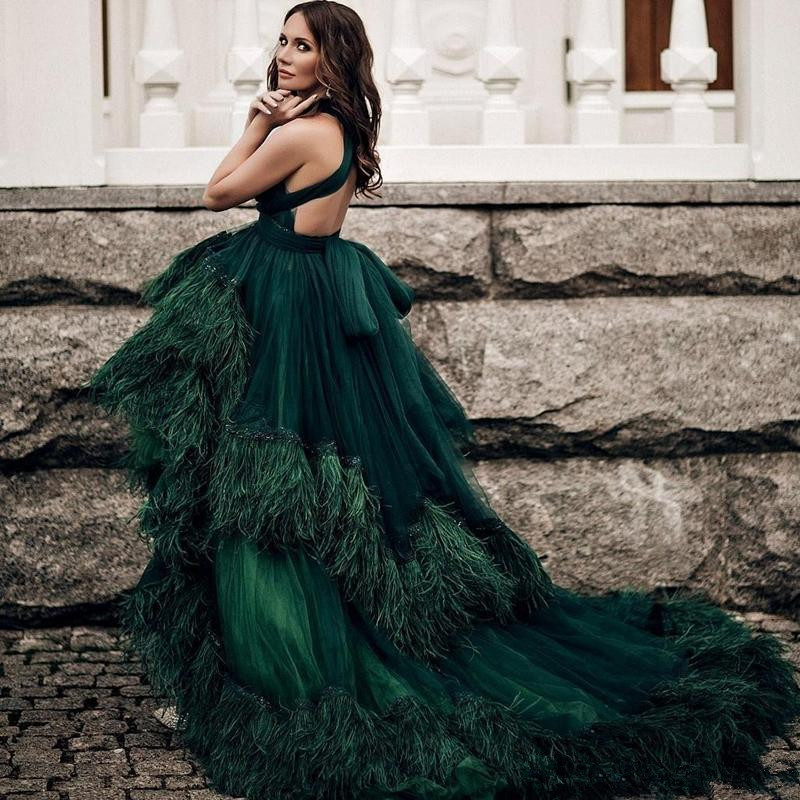 Luxury Feather Dark Green Prom Dresses V Neck High Low Vestido De Festa Evening Dress Party Gowns