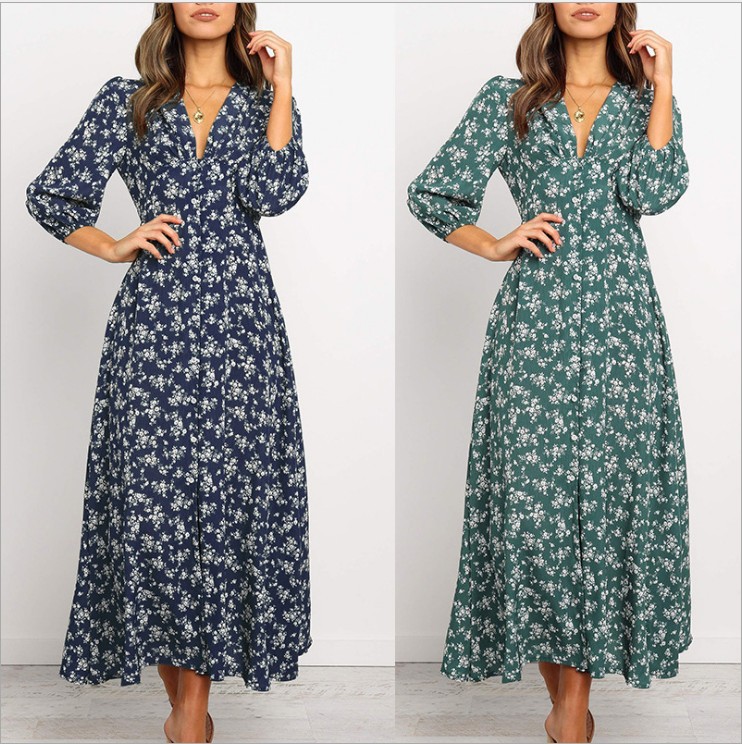 Elegant Floral Print A Line Women V-neck Shirt Dress Spring Lantern Sleeve Split Lady Midi Dresses Vintage Button Pleated Dress, Navy
Elegant Floral Print A Line Women V-neck Shirt Dress Spring Lantern Sleeve Split Lady Midi Dresses Vintage Button Pleated Dress, Navy
