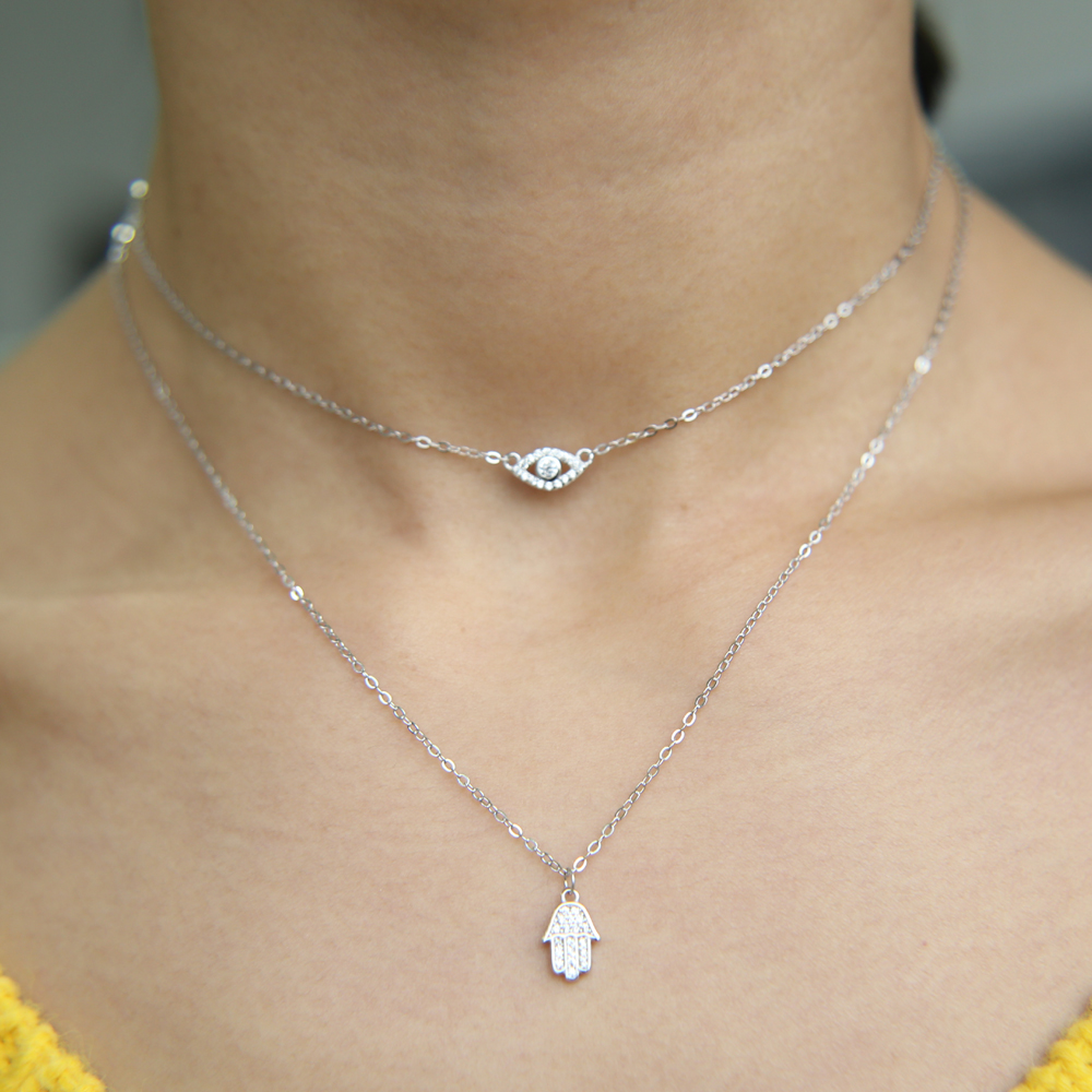 Wholesale- 925 sterling silver jewelry lucky charm hamsa hand evil eye double layer women elegance lovely necklace jewelry