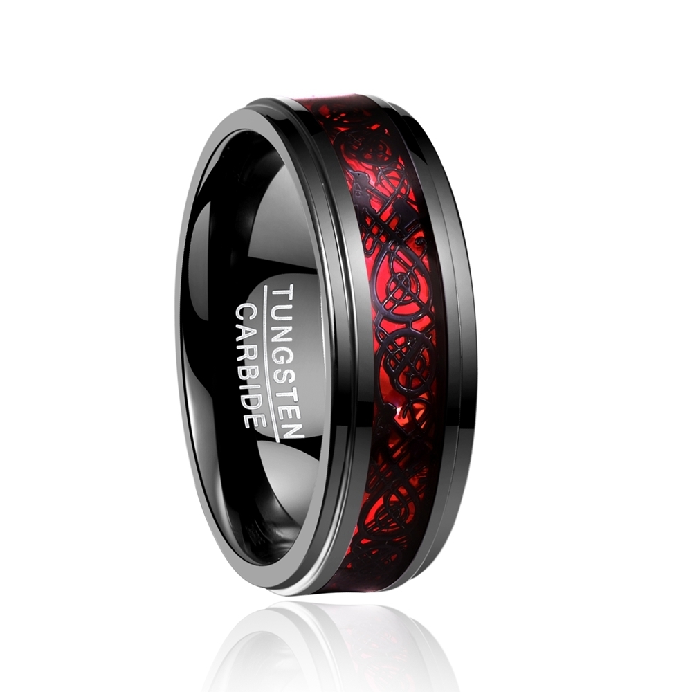 Elegant cool Electroplated Black Inlay Red Opal Paper Black Dragon Pattern Step Tungsten carbide Ring for man T104R D19011502