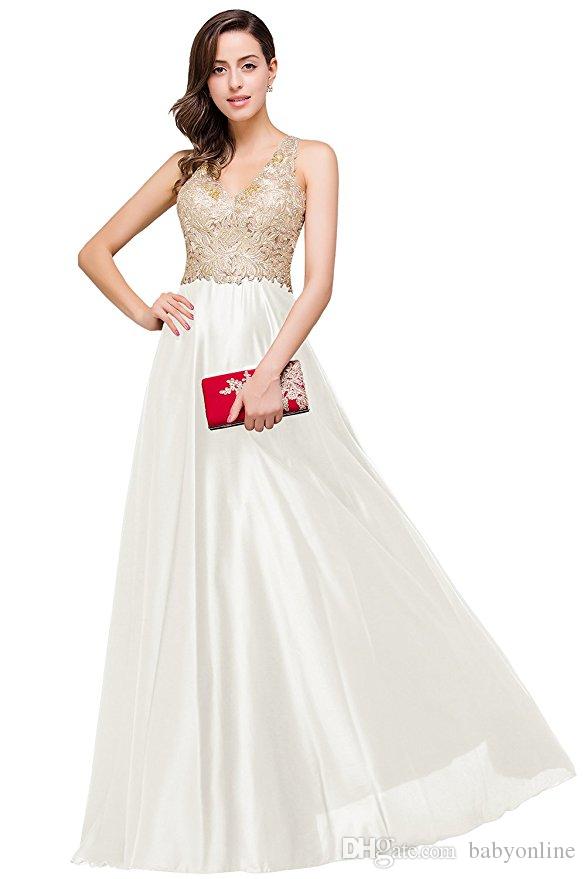 Sexy Backless Lace Satin Evening Dress A Line V Neck Gold Appliques Prom Gowns Robe De Soiree Cheap CPS358