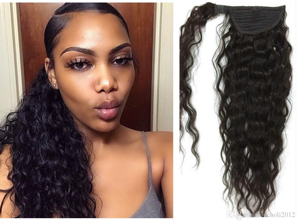 Pretty 100 Human hair ponytail natural curly updo clip in wrasp pony tail hairpiece drawstring weave ponytail hairstyle
