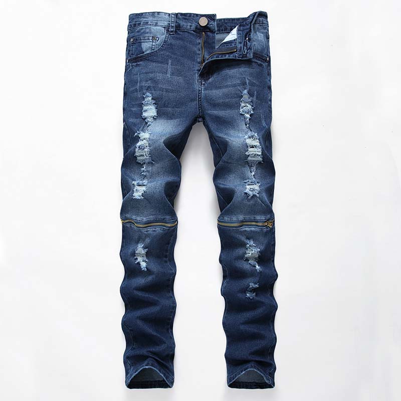 

Men Casual jeans Slim denim Pants Knee Holes pants Ripped Distressed Scratched Middle Zipper Washed Bleached high quality, T-331