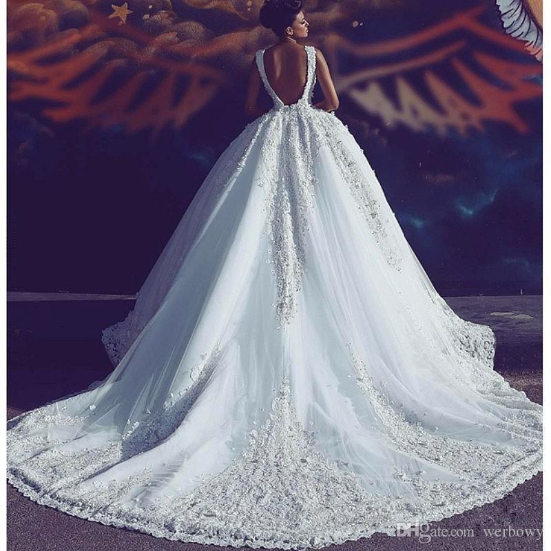 Gorgeous Arabic Backless Ball Gown Wedding Dresses Beaded Lace Applique Sweetheart Bridal Gowns Tulle Long Wedding Dress Bride Gown