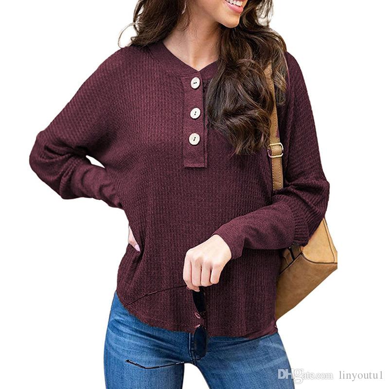hot sale Women Autumn Blouse Waffle Button Up Front Oversize Loose Knit Blouse Shirt Tops Women Blusas 2019 Fall New