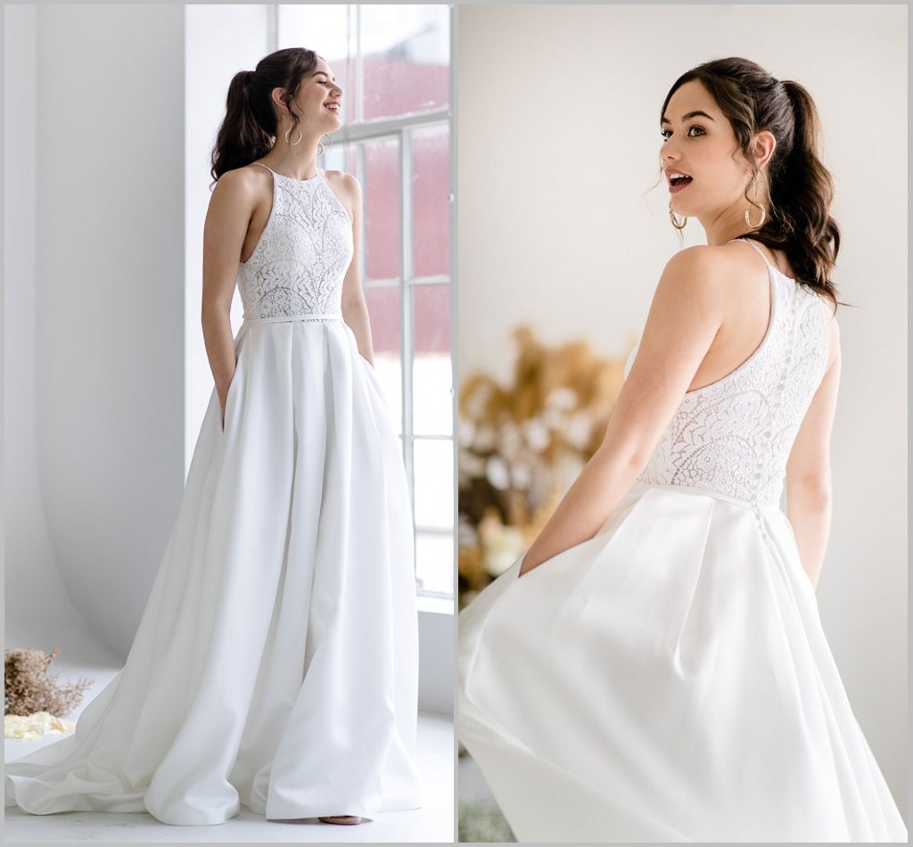 lihi hod satin beach wedding dresses with pockets lace appliqued boho bridal gowns country plus size vintage cheap wedding dress