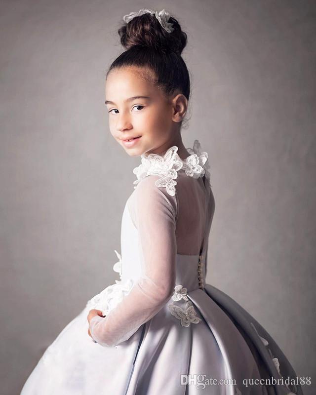Princess Long Sleeve Flower Girls Dresses Jewel Illusion Butterfly Applique Kids Formal Party Dress Toddler Birthday Pageant Gowns Wedding