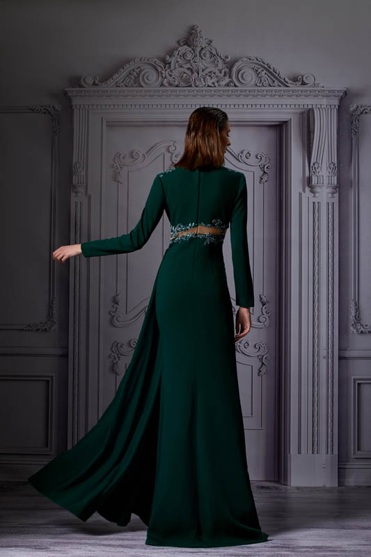 dark green evening gowns high neck long sleeve prom dress front split floor length red carpet party gown robes de marie