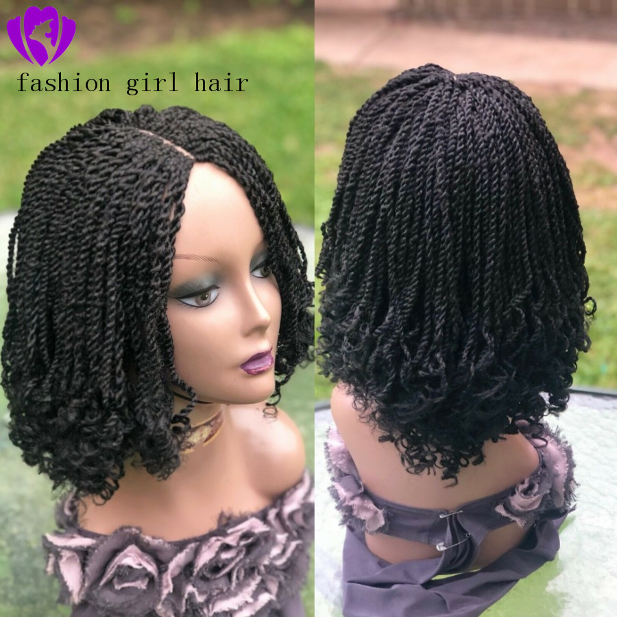 Fashion Short Braided Wigs for Black Women Cornrow Braids Wigs Synthetic Lace Front Wig with Baby Hair short twist Wig with curly tips